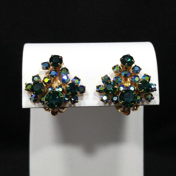 Vintage Blue Green AB Rhinestone Clip Earrings, Gold Plated, Signed KRAMER - Picture 6 of 10